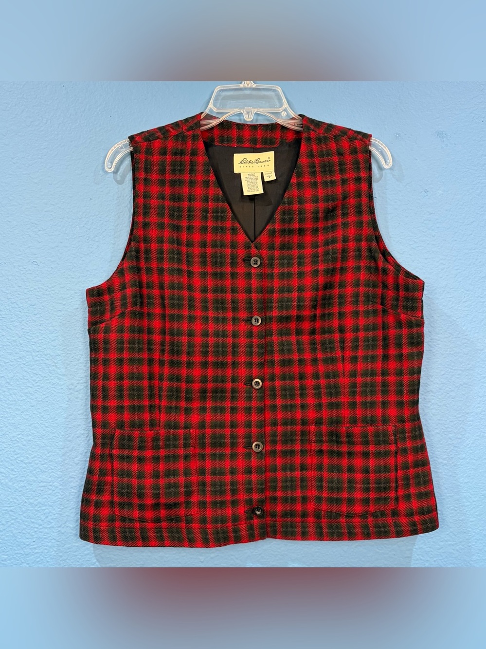 Vintage Eddie Bauer Red Black Wool Plaid Women's Vest Pockets Size Large
